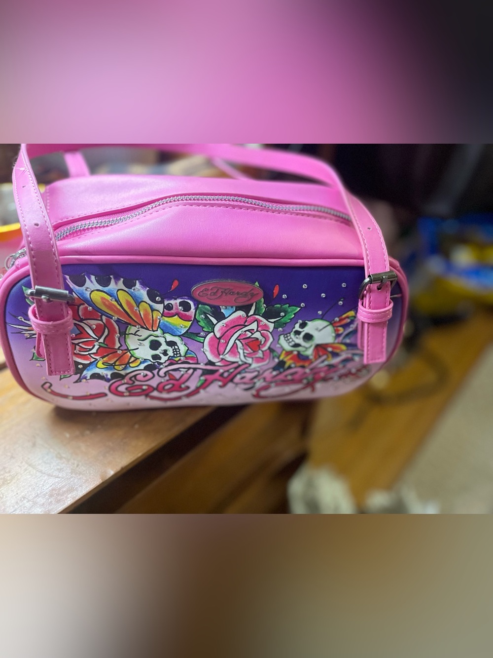 Ed Hardy Hot Pink Tattoo-Print Shoulder Bag